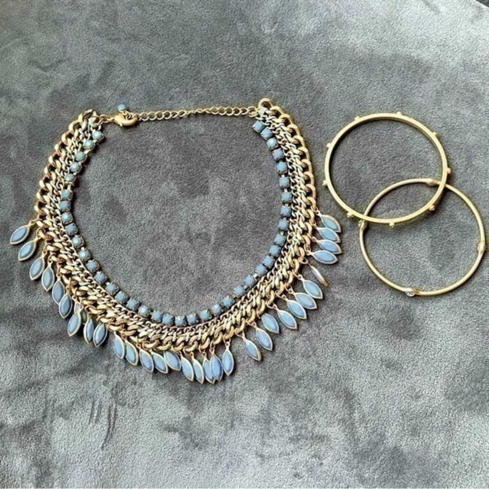 SET ❤️ Lia Sophia Gold & Blue Statement Necklace, 2 Rhinestone Bangle Bracelets